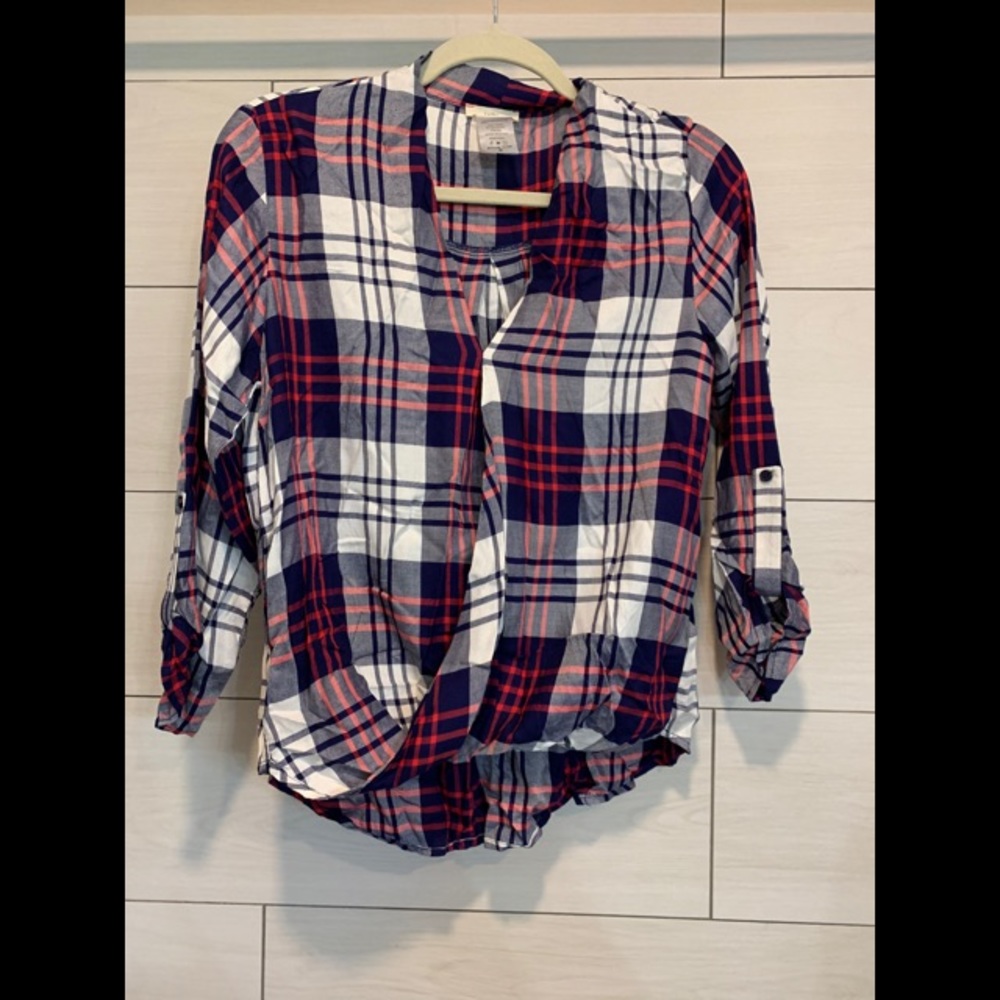 Plaid 3/4 Sleeve Pull Over Blouse